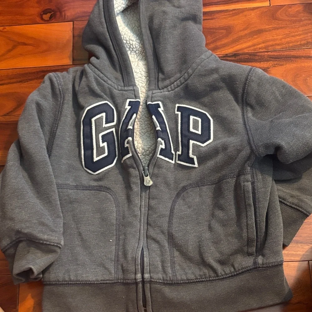 GAP Kids Charcoal Gray Fleece Zip Hoodie with Navy Logo